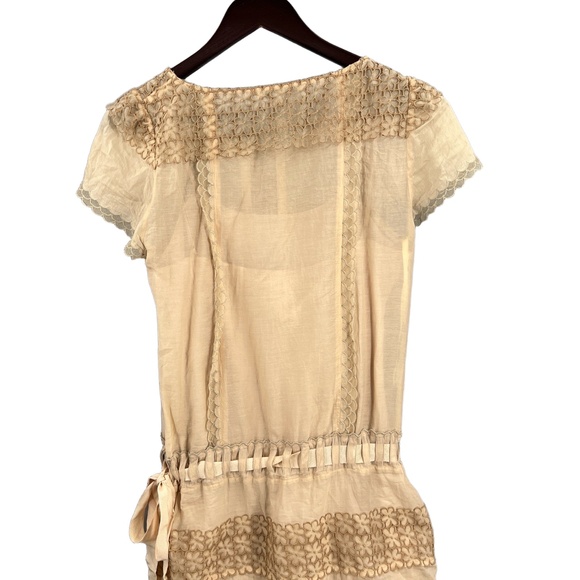 BCBGMAXAZRIA Runway Dress Beige Embroidered Short Sleeves Drop Waist Romantic S - Picture 5 of 8